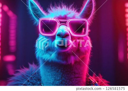 Funky llama portrait neon studio animal photography colorful environment close-up playful concept for social media impact 126581575