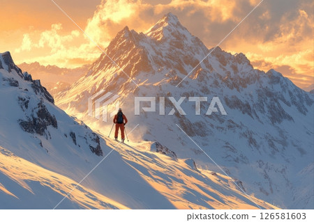 Skiing adventure on majestic snow-capped mountains at sunset stunning landscape photography 126581603