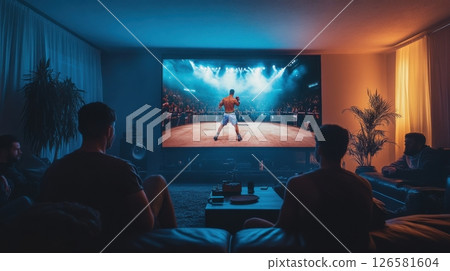 Exciting boxing match movie scene home theater digital media indoor environment cinematic viewpoint entertainment concept 126581604
