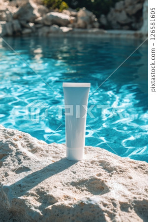 A tube of sunscreen sits on a rock by a pool 126581605