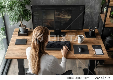 Home office setup modern workspace digital environment indoor top-down view productivity focus Home office setup modern workspace digital environment indoor top-down view productivity focus 126581606