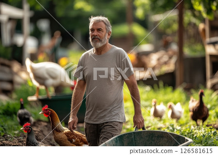 Farm life man tending to chickens and ducks in a vibrant rural setting nature photography outdoor environment close-up view 126581615