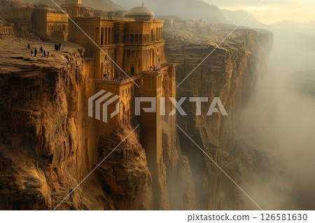 Scenic misty fortress aerial photography of a majestic cliffside architectural wonder 126581630