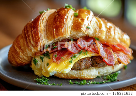 Indulging in a gourmet breakfast close-up of bacon and egg croissant in a cozy setting 126581632