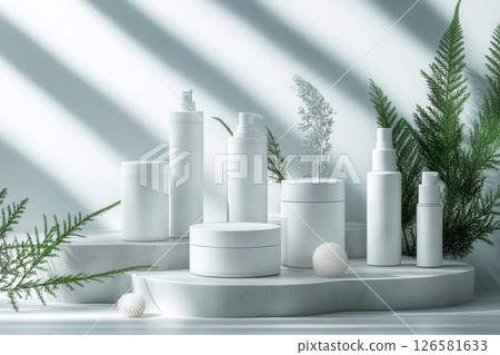 A collection of beauty products are displayed on a white pedestal 126581633