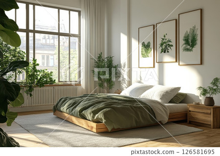 A bedroom with a large bed, a window, and a potted plant A bedroom with a large bed, a window, and a potted plant 126581695