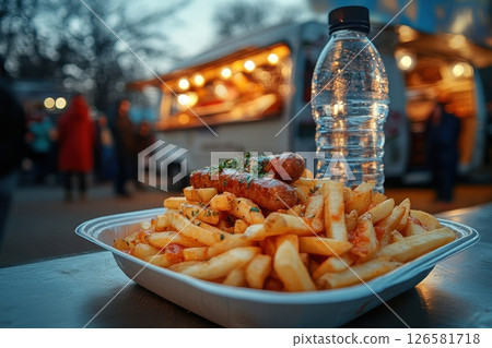 Food truck event tasty sausages and fries outdoor venue photography evening ambiance 126581718