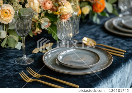 A table with a blue tablecloth and a floral centerpiece 126581745