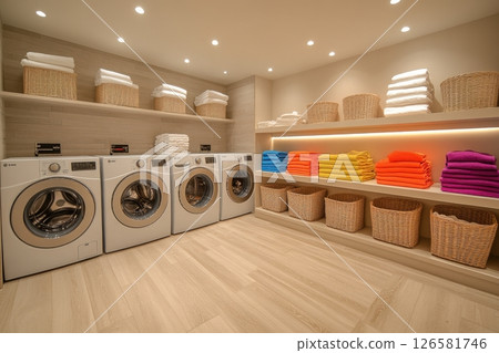 A laundry room with a white washer and dryer and a row of colorful towels 126581746