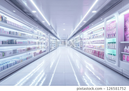 Grocery shopping experience supermarket aisle product display modern environment wide angle view retail concept Grocery shopping experience supermarket aisle product display modern environment wide angle view retail concept 126581752
