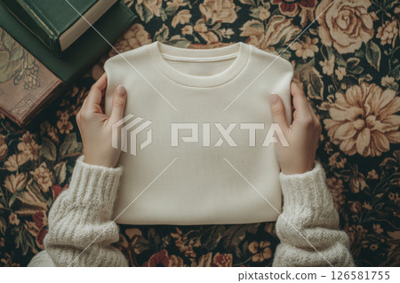 Cozy white sweater flat lay warm indoor atmosphere in close-up photography 126581755
