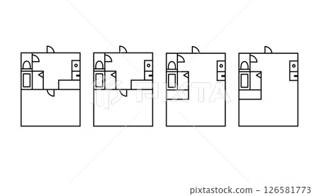 An icon set that represents the layout of a one-room apartment, such as a 1DK or 1K. 126581773