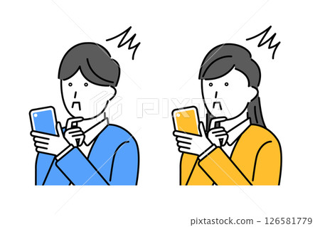 Illustration of a man and woman surprised at their smartphone Illustration of a man and woman surprised at their smartphone 126581779