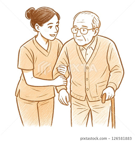 A caregiver assisting a man using a cane 126581883