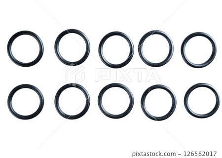 Ten black rubber washers shown on white background. Isolated car parts for automotive repair, shop listing, or spare part catalog presentation. 126582017