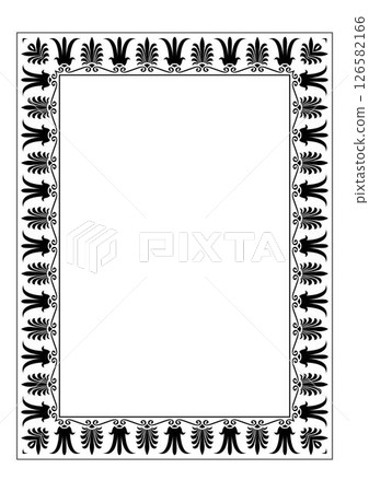 Monochrome rectangular Vertical Greek ornament meander frame. A4 format. Greek pattern frame, ornament, border of Greece, ancient Rome. Diplom, certificate, embroidery, engraving . Palmette. Egyptian 126582166