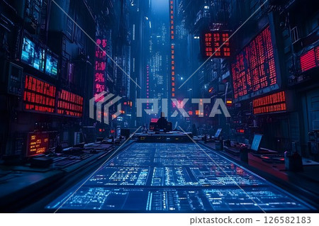 Cyberpunk Control Room: Data Streams and a Lone Operator in a Fu 126582183