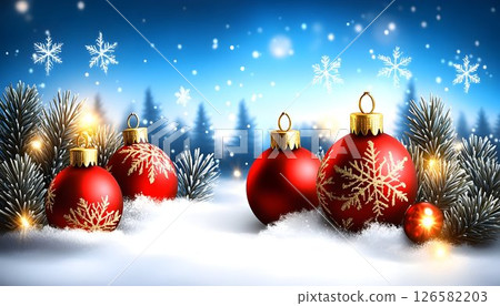 Festive Red Christmas Ornaments with Golden Snowflake Designs in 126582203