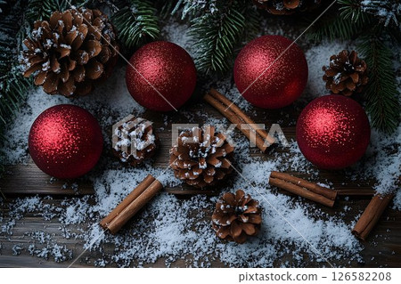 Festive Red Ornaments Pine Cones and Cinnamon on Snowy Wood 126582208