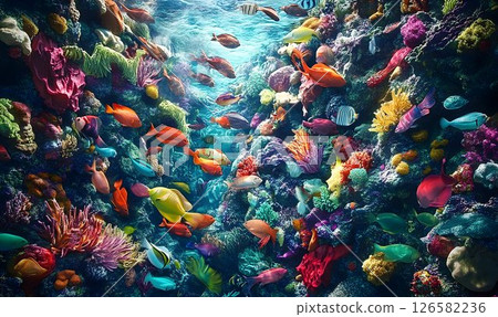 Vibrant coral reef teeming with colorful fish in a sunlit underw 126582236