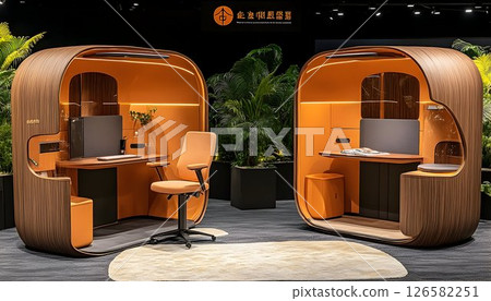 Modern, Orange and Wooden Private Work Pods at an Exhibition 126582251