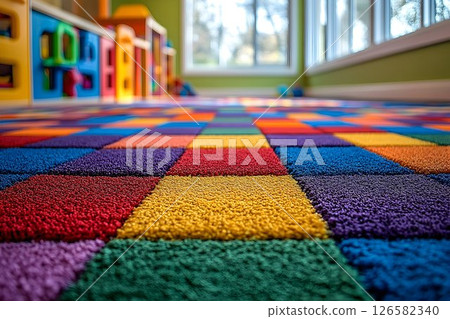 Colorful Carpet Tiles in a Playroom with Blurred Toys and Natura 126582340