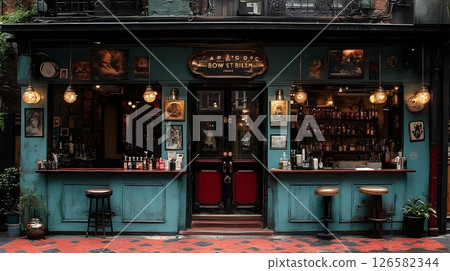 Bow St Billn: A quaint, vintage bar facade with red doors and wa 126582344