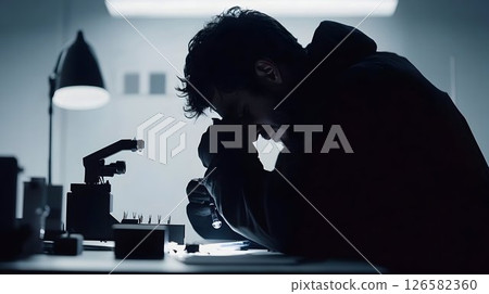 Intense Focus: Man in Hoodie Inspecting Object Under Bright Lamp Intense Focus: Man in Hoodie Inspecting Object Under Bright Lamp 126582360