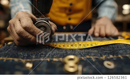 Skilled Hands Measuring Denim Fabric with Precision Skilled Hands Measuring Denim Fabric with Precision 126582361