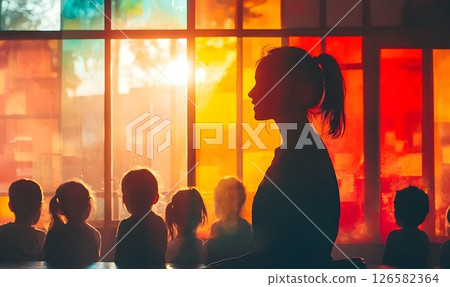 Silhouette of a Teacher and Children Against a Stained Glass Win Silhouette of a Teacher and Children Against a Stained Glass Win 126582364