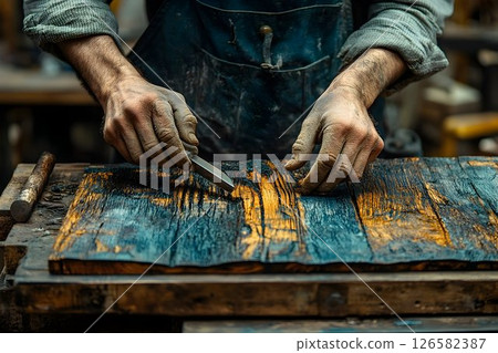Craftsman's Hands Shaping Dark Blue Stained Wood 126582387