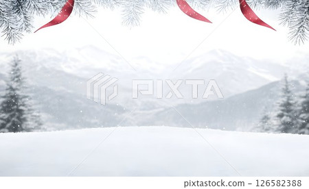 Winter Wonderland Scene with Snowflakes, Red Ribbons, and Mounta 126582388