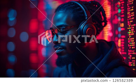 Close-up of a Man with Headphones in a Vibrant Neon Setting 126582389