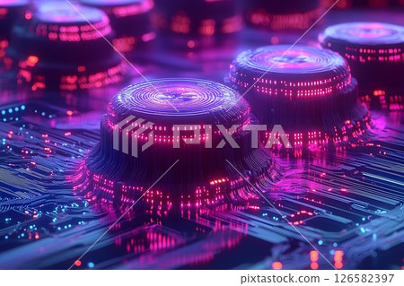 Futuristic Circuit Board with Glowing Pink and Blue Lights, Abst 126582397