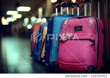 Row of colorful suitcases with a pink bag in focus, waiting for Row of colorful suitcases with a pink bag in focus, waiting for 126582401