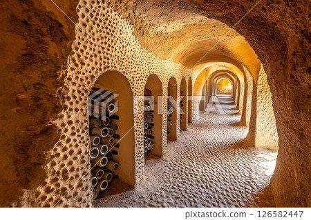 Wine Cellar Tunnel with Arched Alcoves and Cobblestone Floor in Wine Cellar Tunnel with Arched Alcoves and Cobblestone Floor in 126582447