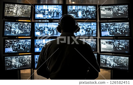 Silhouetted Security Operator Monitoring Multiple Screens in a S 126582451