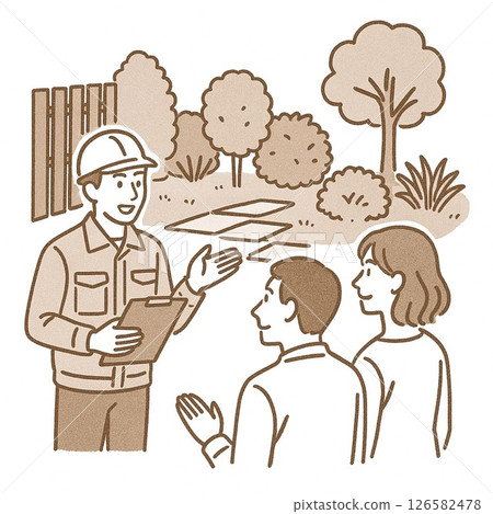 A couple and a worker having a meeting in the garden about exterior construction work A couple and a worker having a meeting in the garden about exterior construction work 126582478