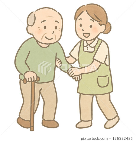 護理人員協助一名拄著拐杖的男子行走 護理人員協助一名拄著拐杖的男子行走 126582485