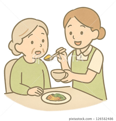 一位女性照護人員幫助老人進食的插圖 一位女性照護人員幫助老人進食的插圖 126582486