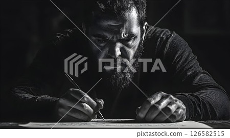 Intense Focus: Bearded Man Writes Under Dramatic Lighting in Mon 126582515