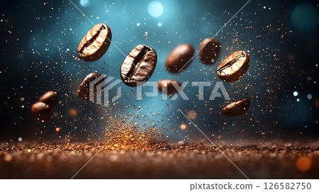 Coffee beans suspended in air with shimmering particles against 126582750