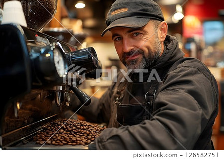 Smiling Barista with Coffee Beans and Espresso Machine in a Coff 126582751