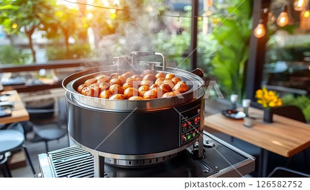 Steaming Meatballs in Modern Cooker with Restaurant Ambience and 126582752