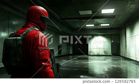 Red-Suited Figure with Rifle in Dimly Lit, Industrial Hallway 126582765