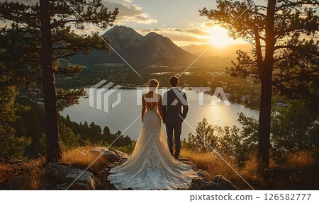 Newlyweds embrace the sunset over a serene lake, framed by trees Newlyweds embrace the sunset over a serene lake, framed by trees 126582777