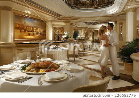 Romantic Embrace in Opulent Restaurant with Roasted Bird Centerp 126582779