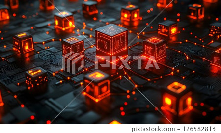 Glowing Orange Cubes on Circuit Board: Futuristic Technology Net 126582813