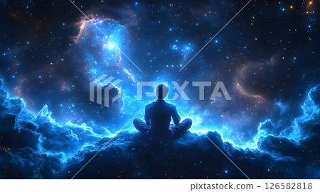 Meditative Figure Silhouetted Against a Vibrant Cosmic Nebula Ba 126582818
