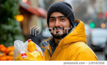 Smiling man in yellow jacket holding orange juice in urban setti 126582898